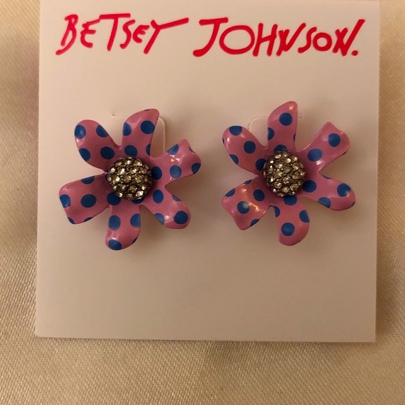 Betsey Johnson Enchanted Garden Pink Flower Stud Earrings Blue Polka Dots NWT - Picture 4 of 11